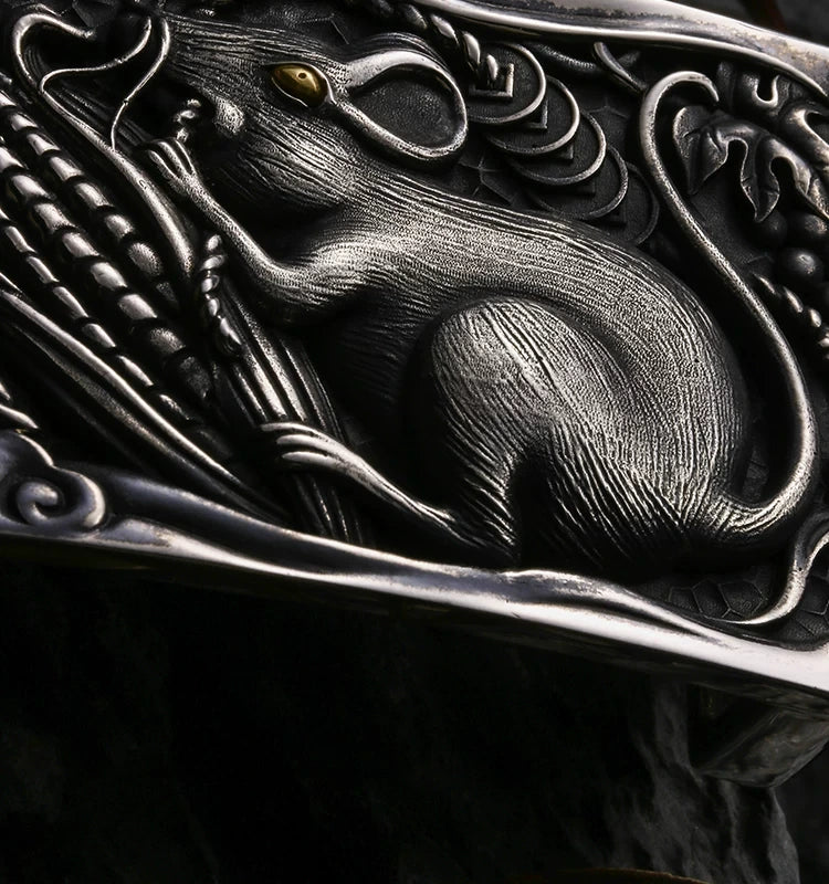 Zodiac Golden Rat Silver Deerskin Biker Belt detail view 1