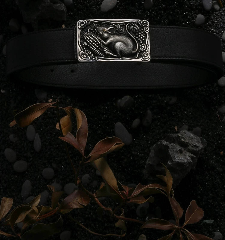 Zodiac Golden Rat Silver Deerskin Biker Belt detail view 2