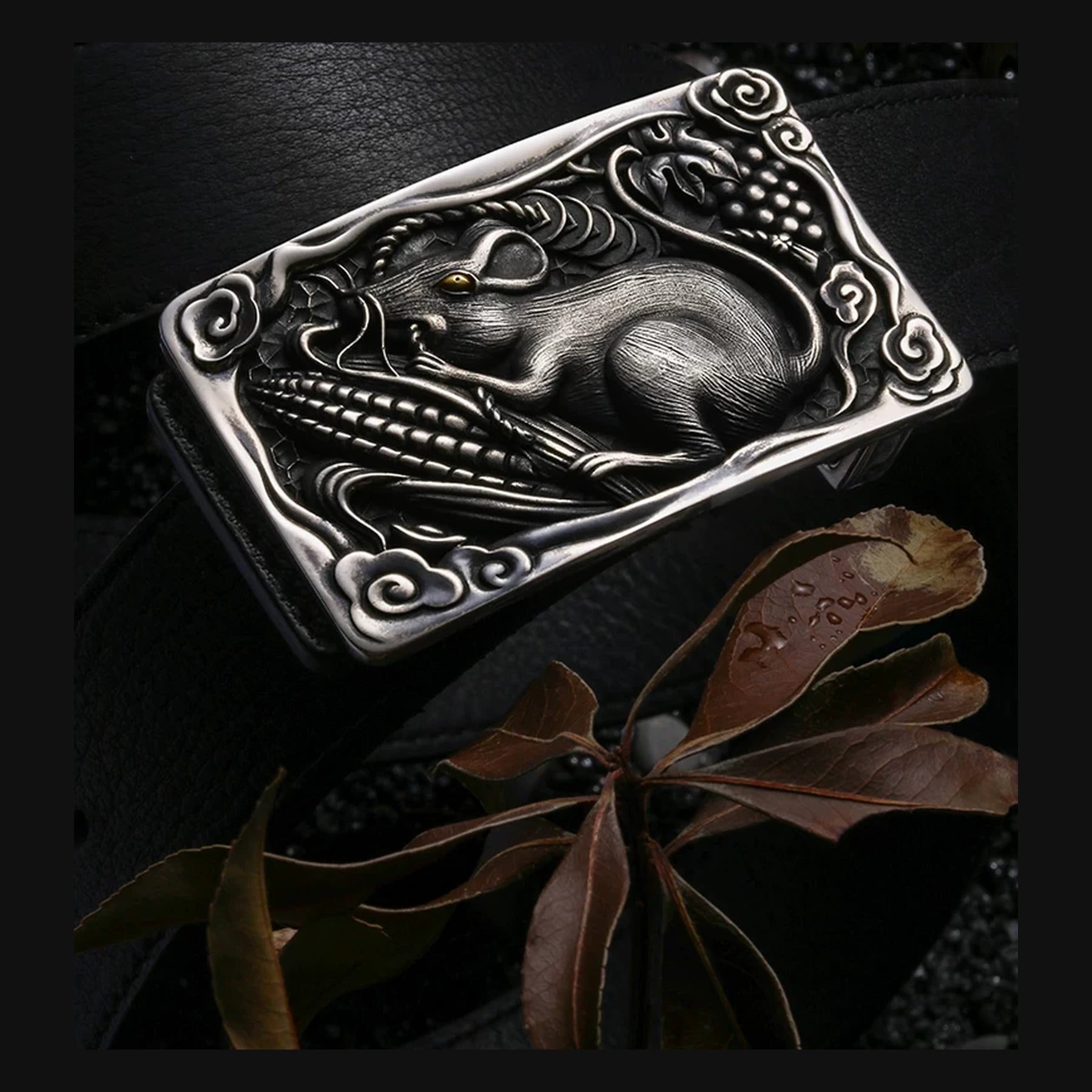 Zodiac Golden Rat Silver Deerskin Biker Belt product view