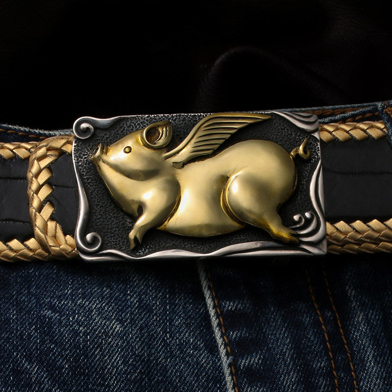 Zodiac Lucky Pig Silver Leather Biker Belt — product view