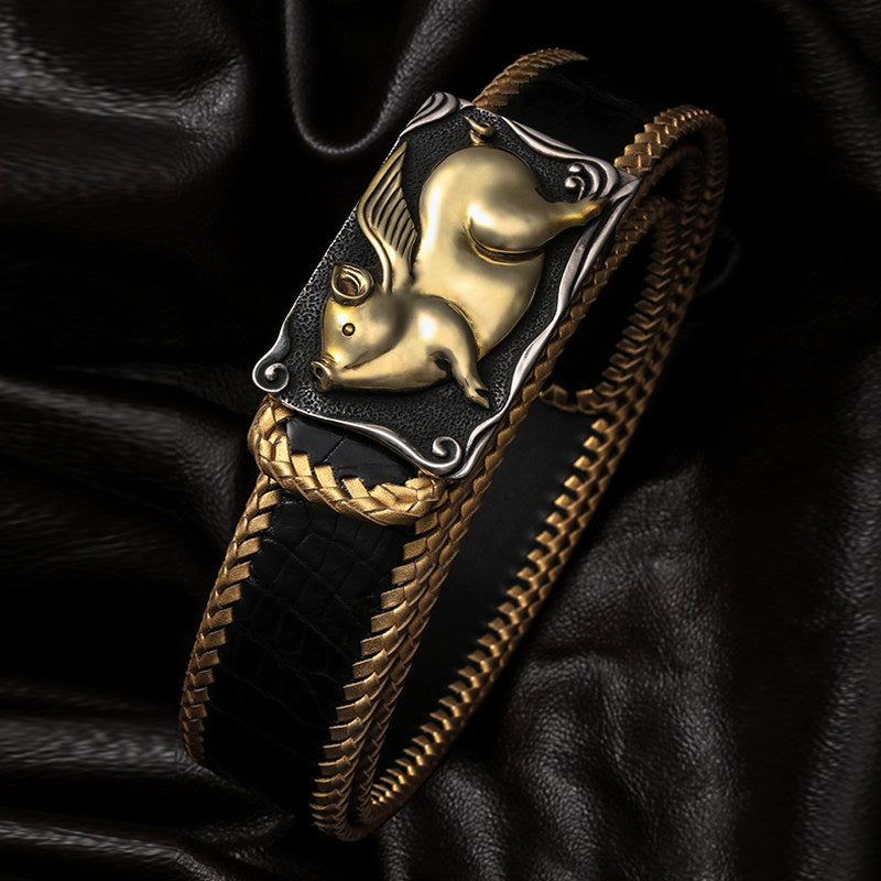Zodiac Lucky Pig Silver Leather Biker Belt — alternate product view 1