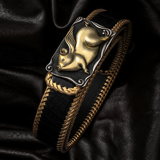 Zodiac Lucky Pig Silver Leather Biker Belt — alternate product view 1