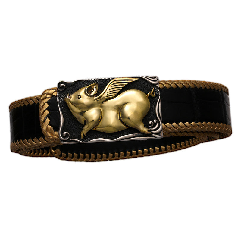 Zodiac Lucky Pig Silver Leather Biker Belt — alternate product view 2
