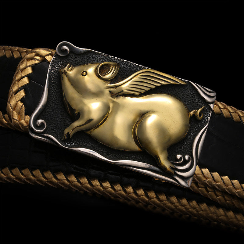 Zodiac Lucky Pig Silver Leather Biker Belt — detail view 1