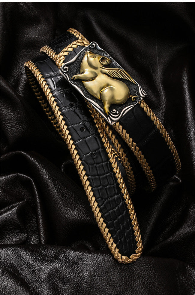Zodiac Lucky Pig Silver Leather Biker Belt — detail view 2