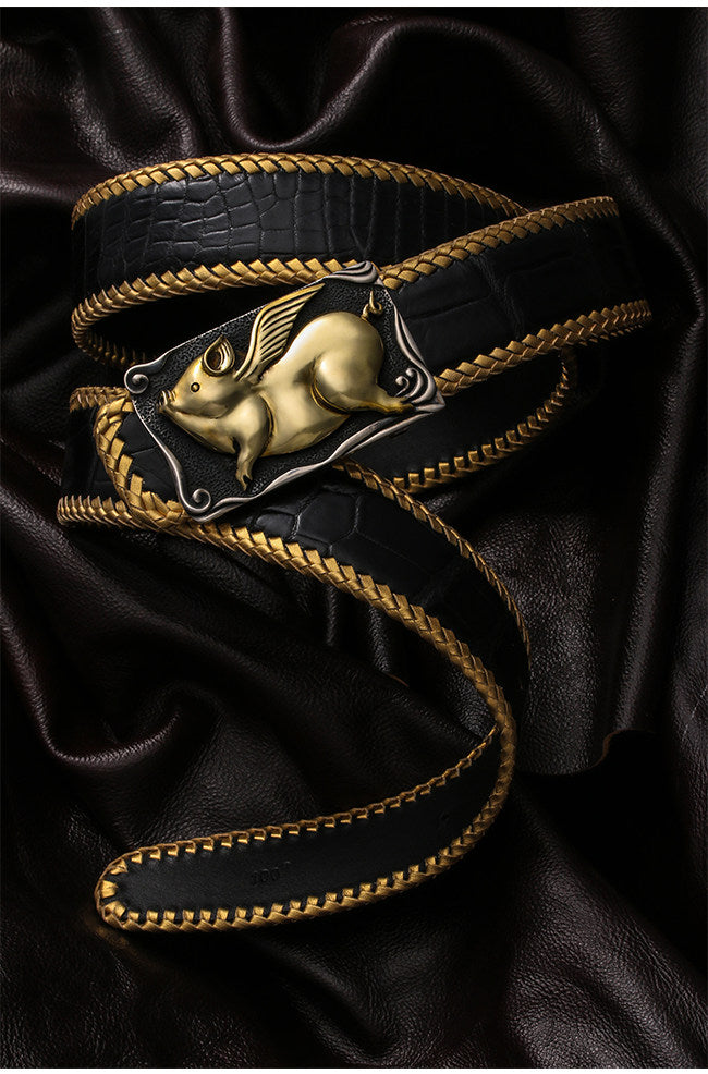 Zodiac Lucky Pig Silver Leather Biker Belt — detail view 3