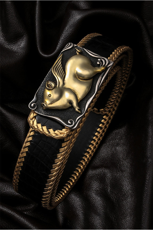 Zodiac Lucky Pig Silver Leather Biker Belt — detail view 4