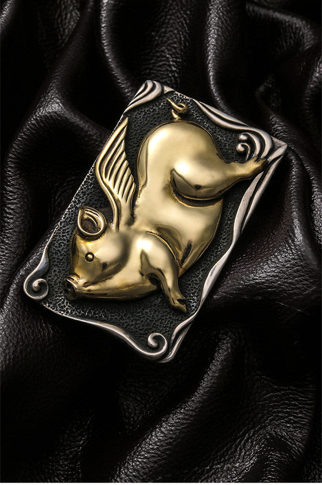 Zodiac Lucky Pig Silver Leather Biker Belt — detail view 7