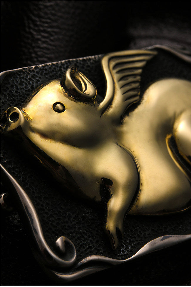 Zodiac Lucky Pig Silver Leather Biker Belt — detail view 10