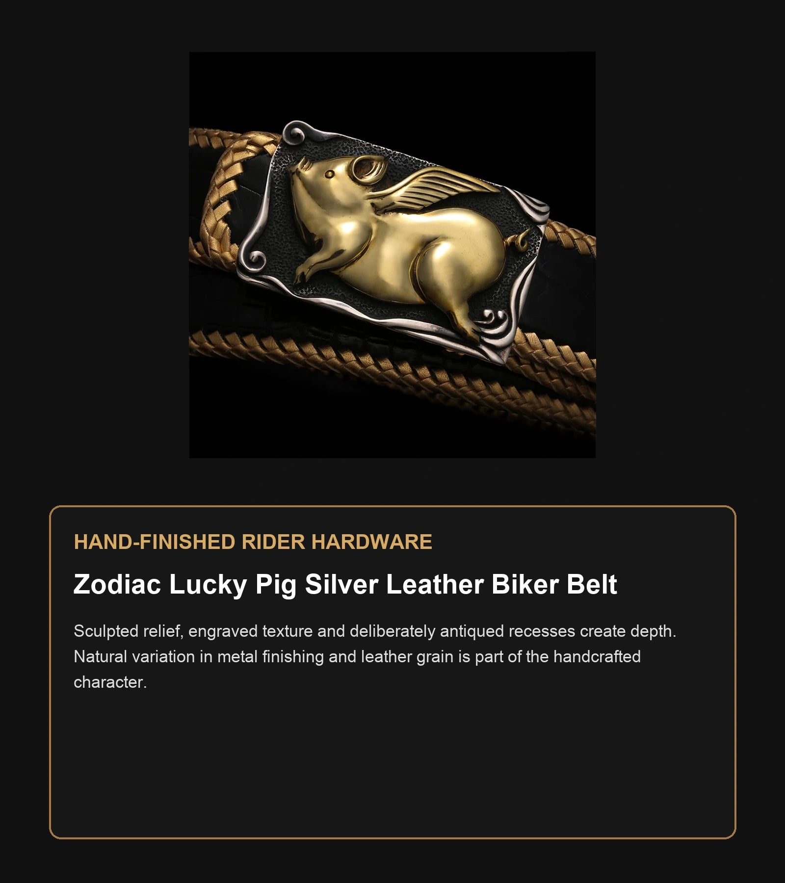 Zodiac Lucky Pig Silver Leather Biker Belt craftsmanship guide in English