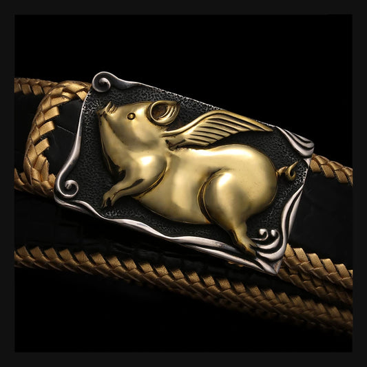 Zodiac Lucky Pig Silver Leather Biker Belt product view