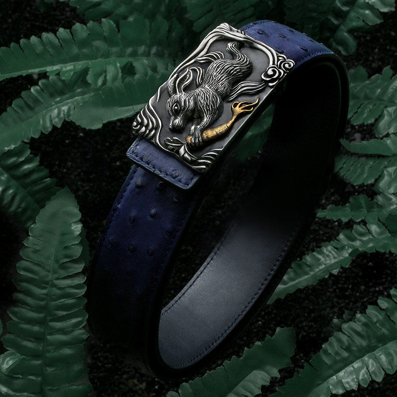 Zodiac Rabbit Silver Ostrich Leather Biker Belt — alternate product view 1