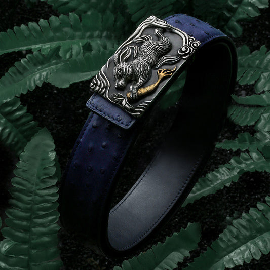 Zodiac Rabbit Silver Ostrich Leather Biker Belt — alternate product view 1