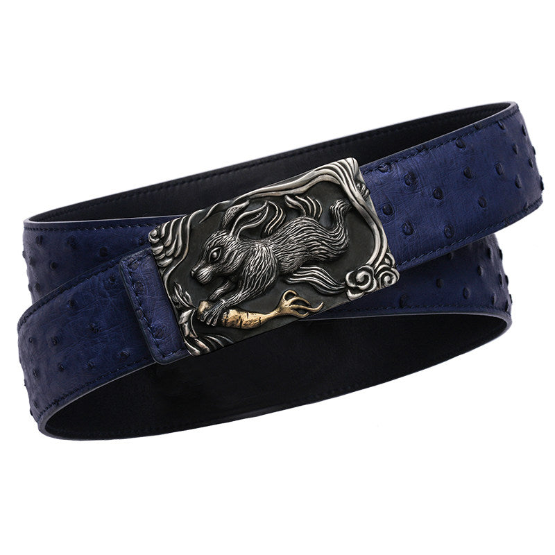 Zodiac Rabbit Silver Ostrich Leather Biker Belt — alternate product view 3