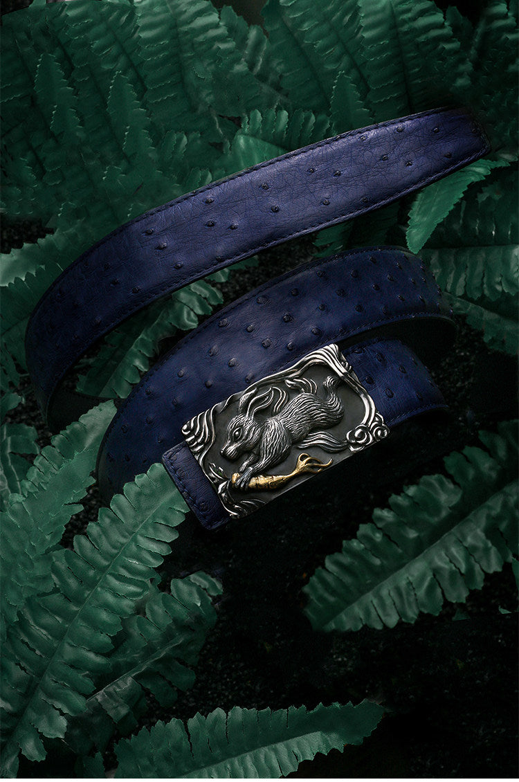 Zodiac Rabbit Silver Ostrich Leather Biker Belt — detail view 4