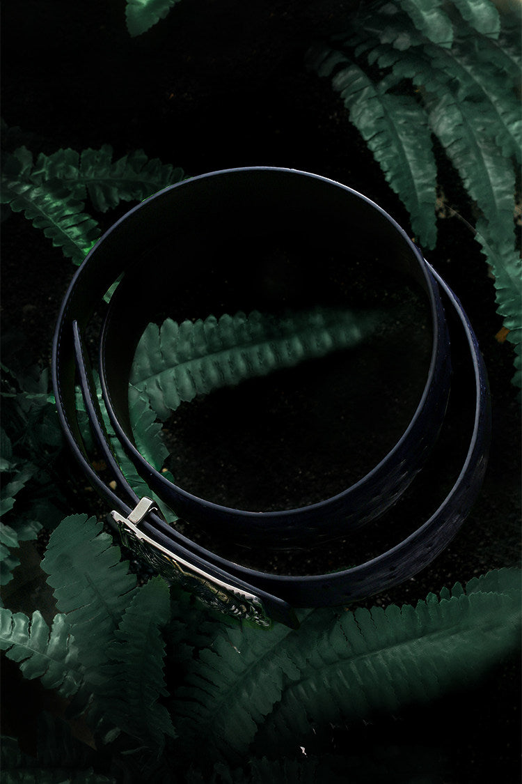 Zodiac Rabbit Silver Ostrich Leather Biker Belt — detail view 6
