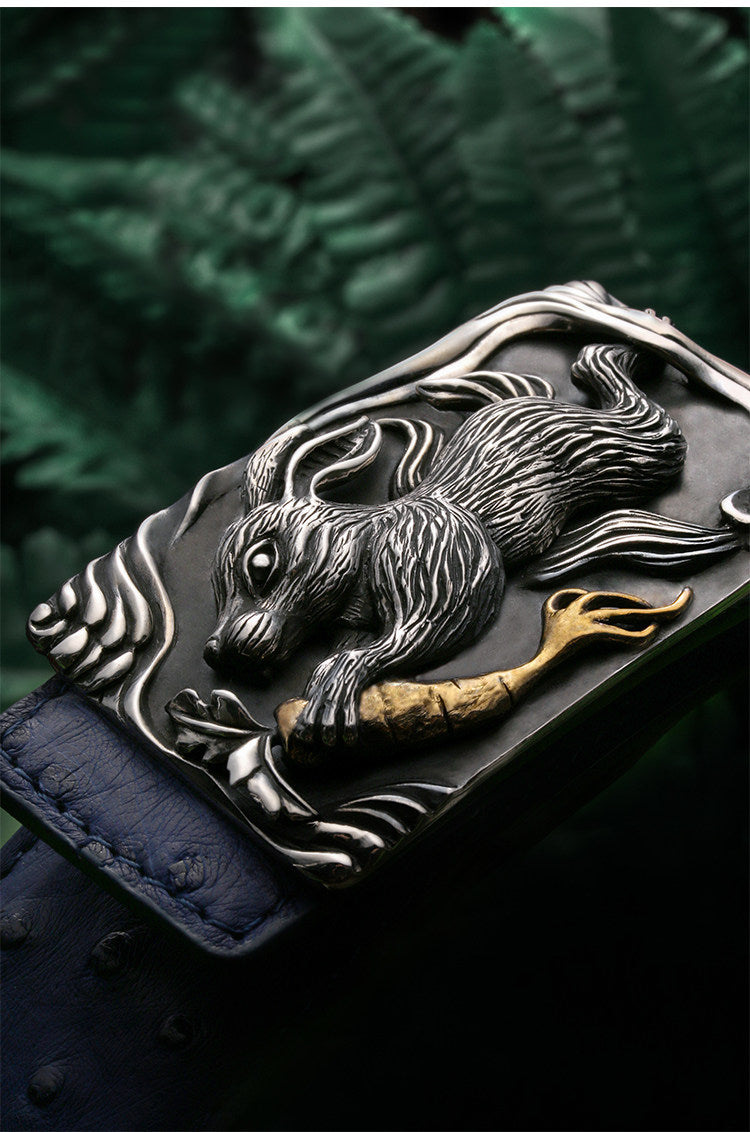 Zodiac Rabbit Silver Ostrich Leather Biker Belt — detail view 7