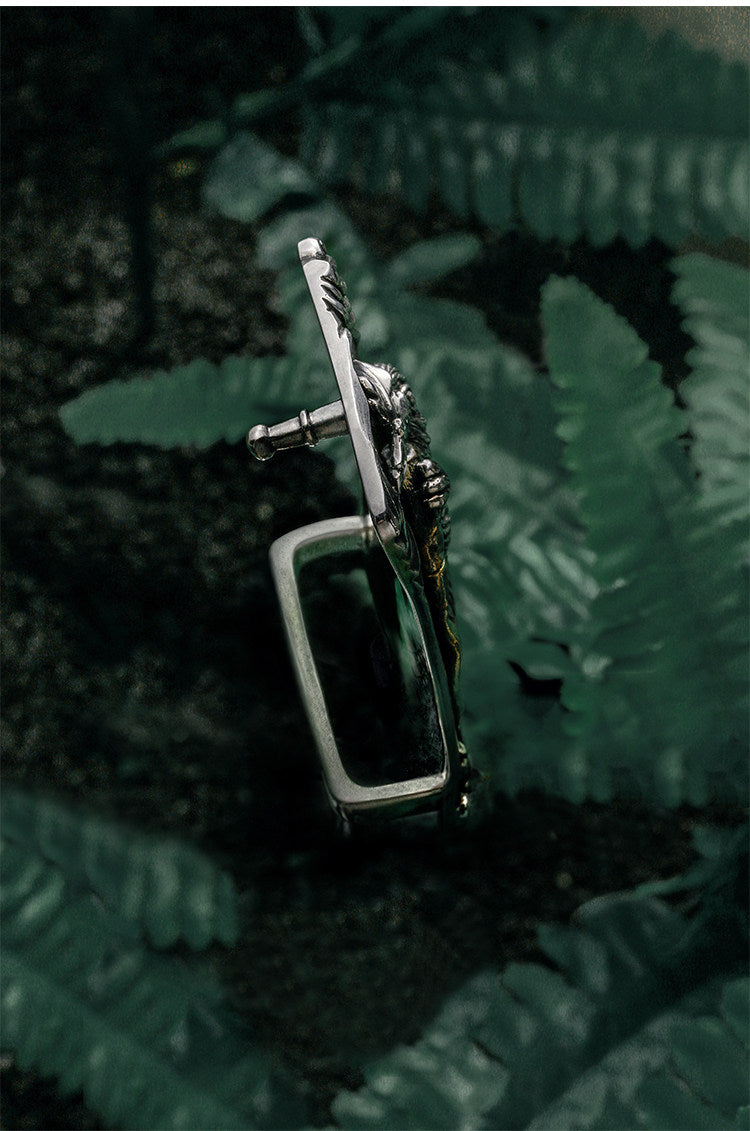 Zodiac Rabbit Silver Ostrich Leather Biker Belt — detail view 8