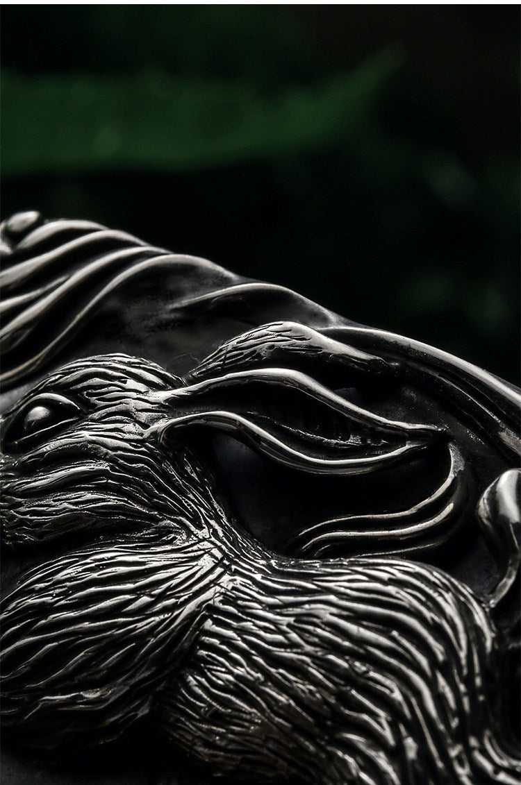 Zodiac Rabbit Silver Ostrich Leather Biker Belt — detail view 11