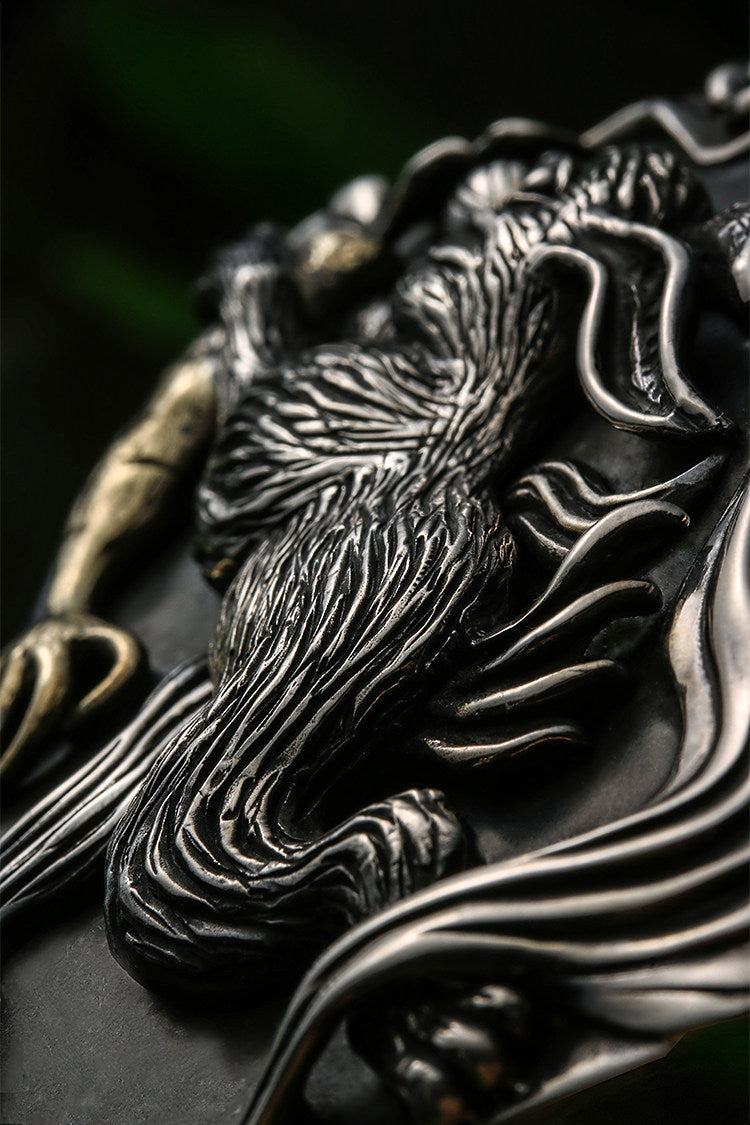 Zodiac Rabbit Silver Ostrich Leather Biker Belt — detail view 14