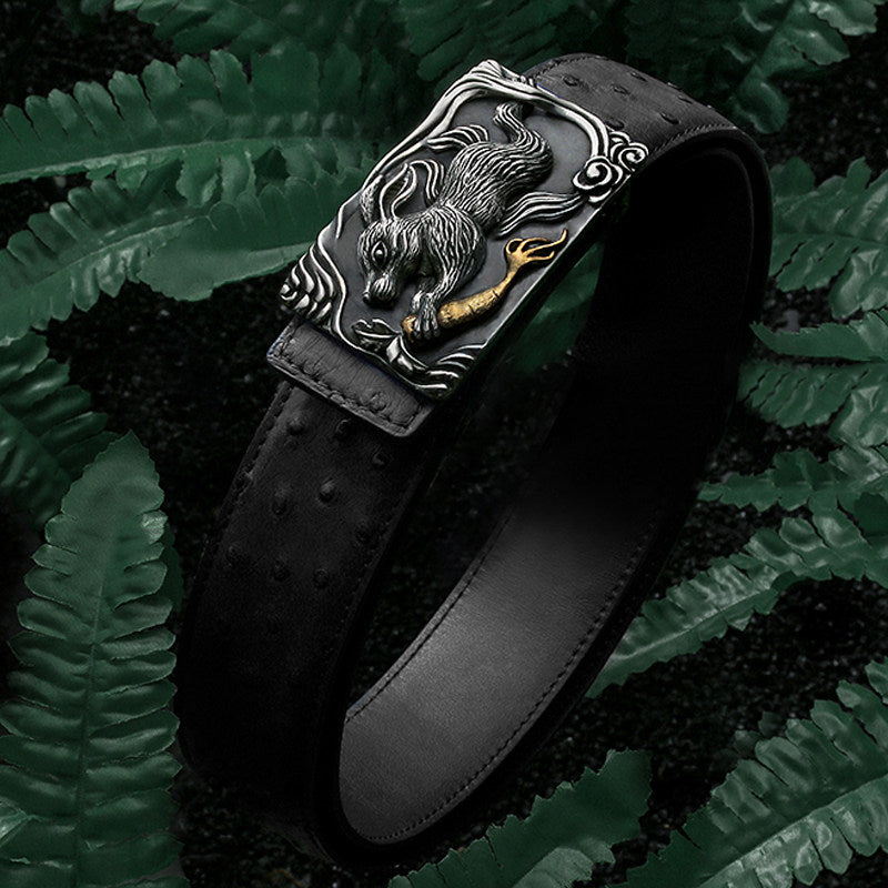 Zodiac Rabbit Silver Ostrich Leather Biker Belt — detail view 16