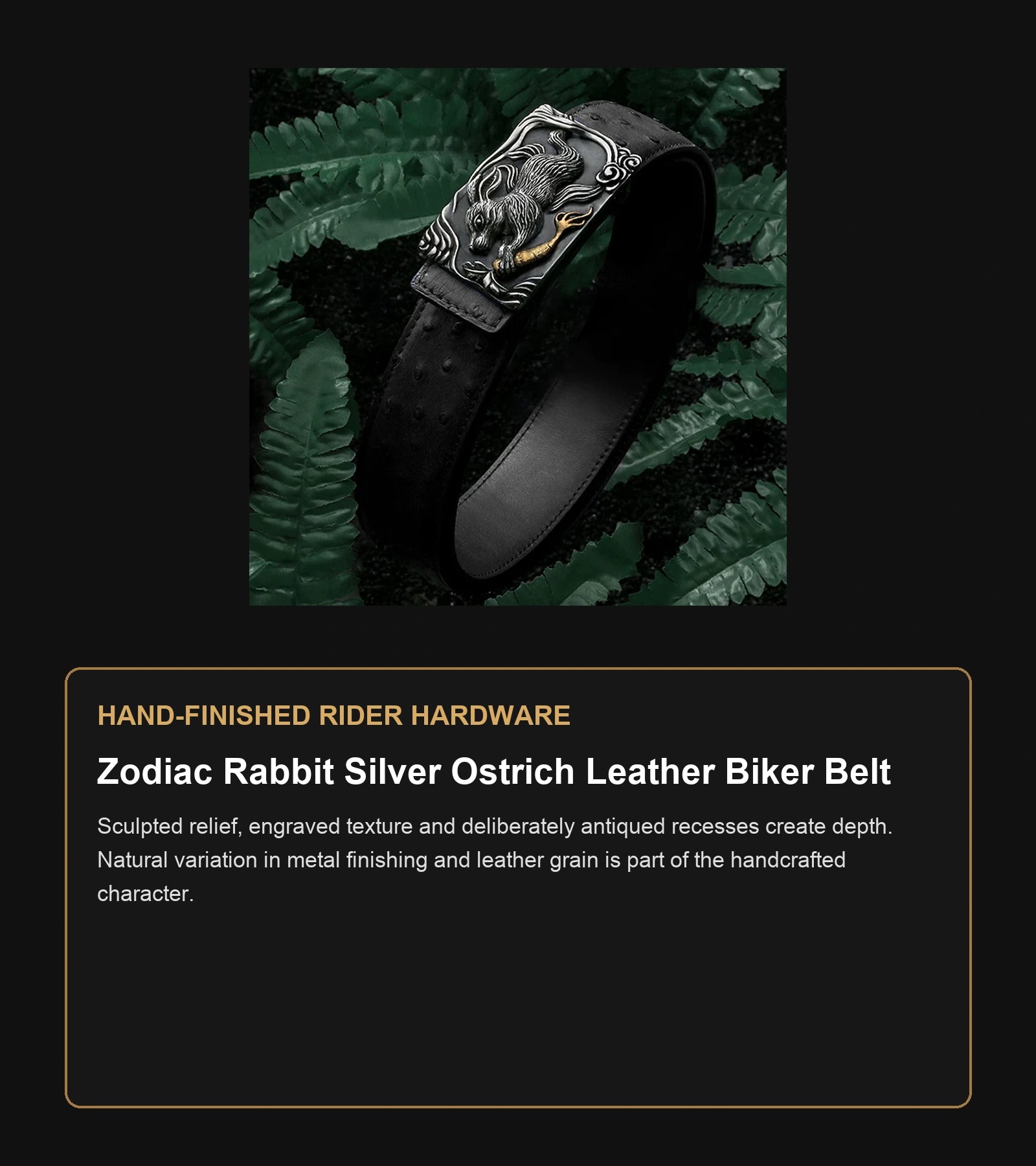 Zodiac Rabbit Silver Ostrich Leather Biker Belt craftsmanship guide in English