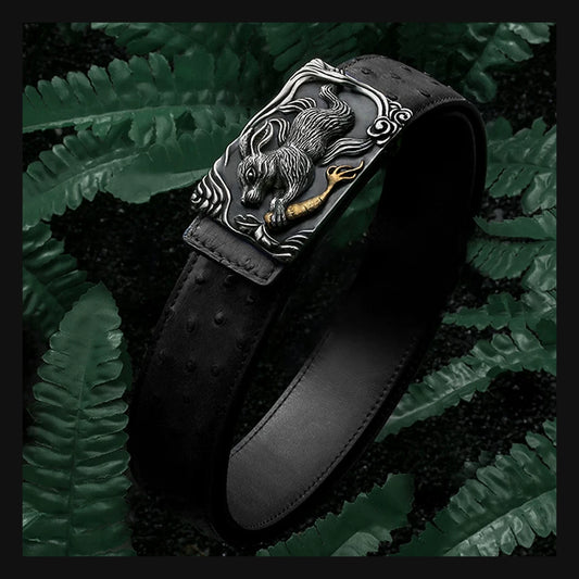 Zodiac Rabbit Silver Ostrich Leather Biker Belt product view