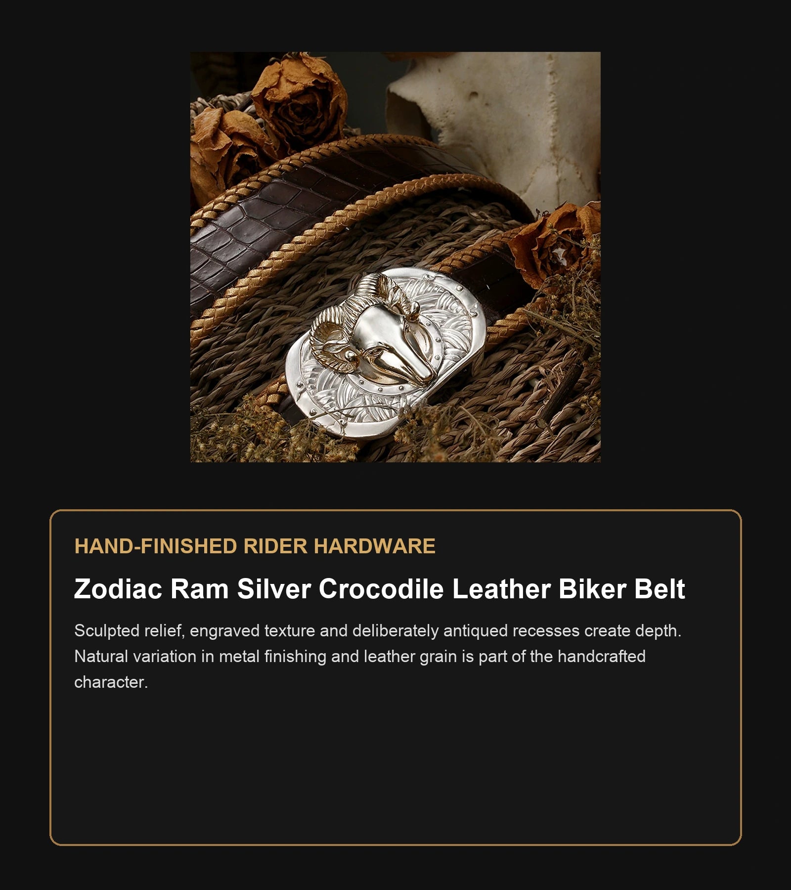 Zodiac Ram Silver Crocodile Leather Biker Belt craftsmanship guide in English
