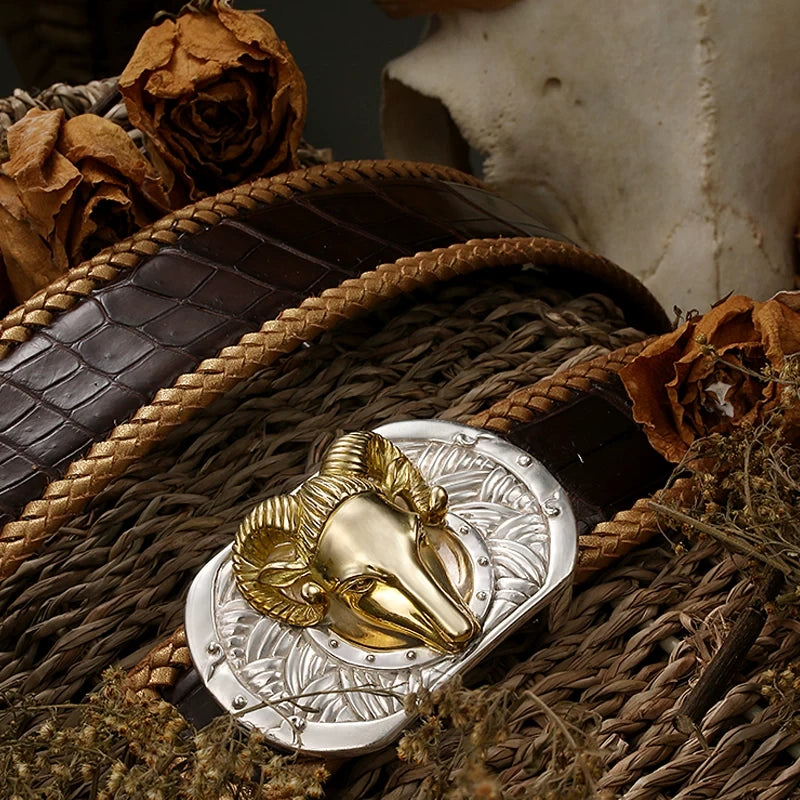 Zodiac Ram Silver Crocodile Leather Biker Belt detail view 1