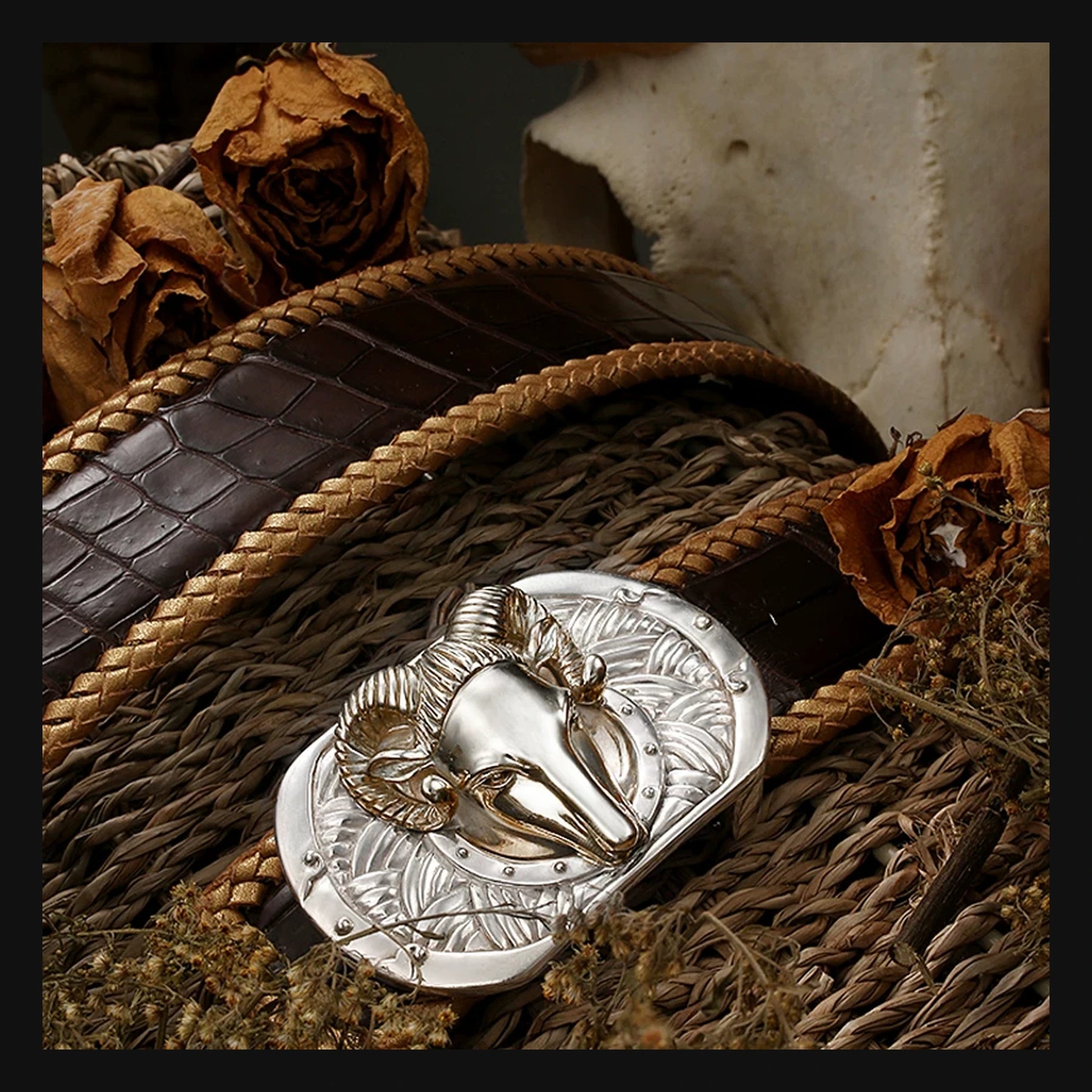 Zodiac Ram Silver Crocodile Leather Biker Belt product view