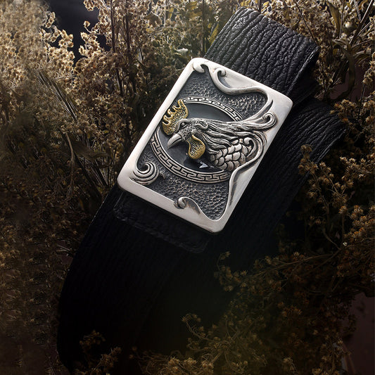 Zodiac Rooster Silver Crocodile Leather Biker Belt — product view