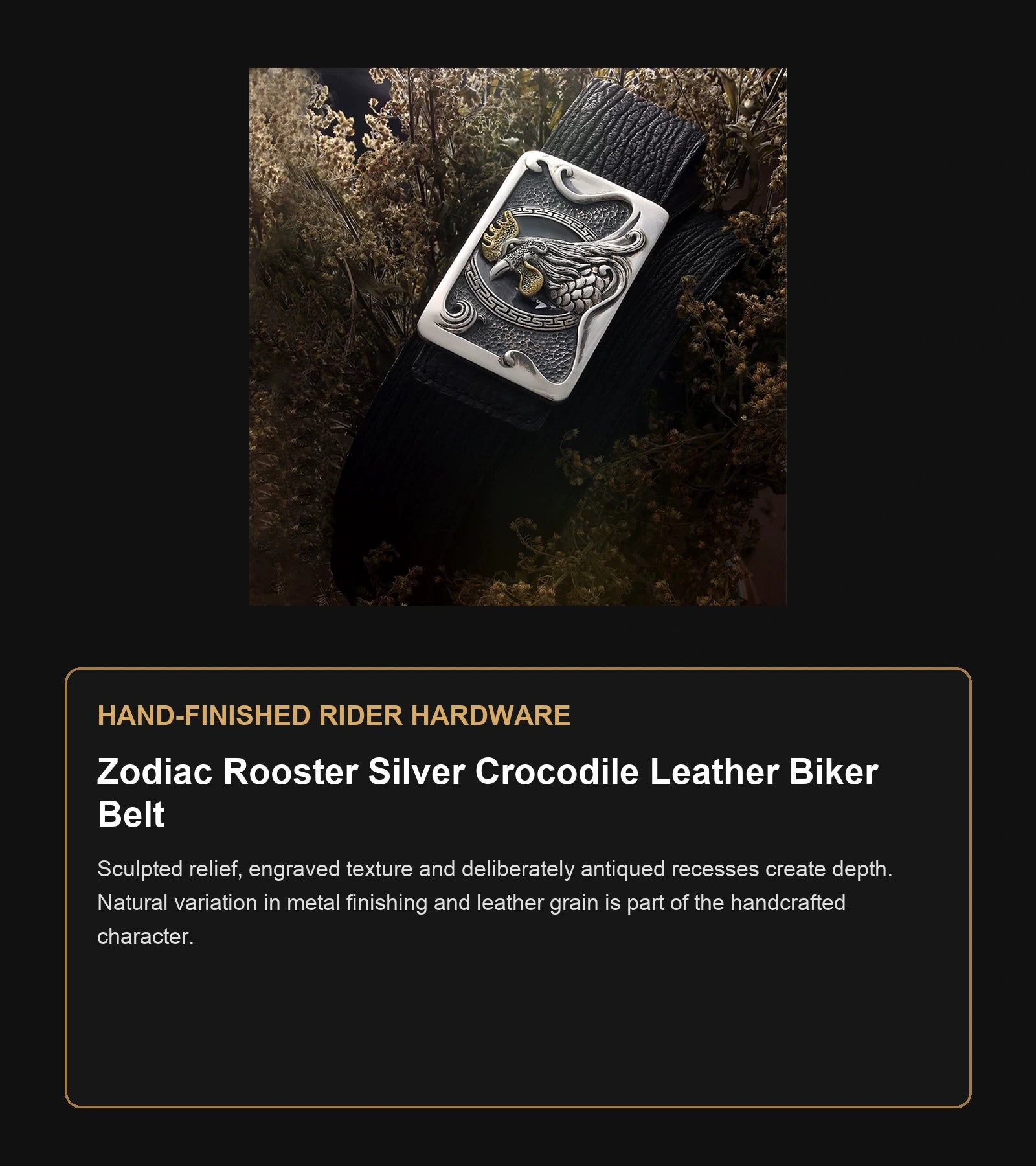 Zodiac Rooster Silver Crocodile Leather Biker Belt craftsmanship guide in English