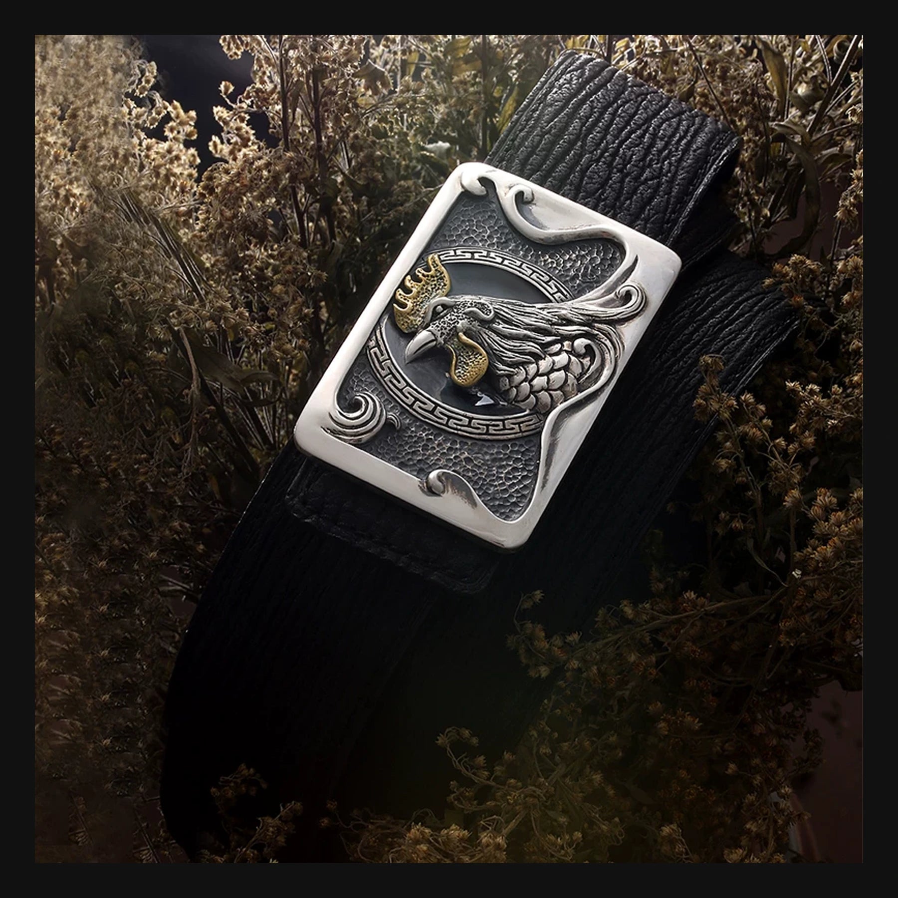 Zodiac Rooster Silver Crocodile Leather Biker Belt product view