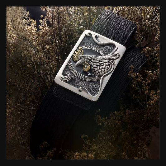 Zodiac Rooster Silver Crocodile Leather Biker Belt product view