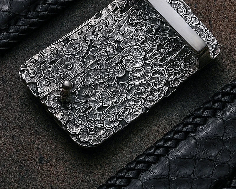 Zodiac Snake Silver Python Leather Biker Belt detail view 2