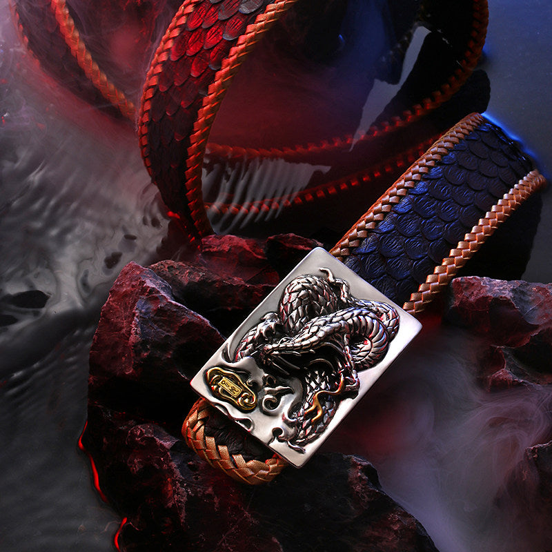 Zodiac Snake Silver Snake Leather Biker Belt — product view