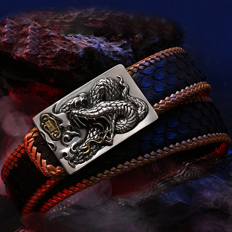 Zodiac Snake Silver Snake Leather Biker Belt — detail view 1