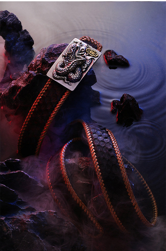 Zodiac Snake Silver Snake Leather Biker Belt — detail view 5