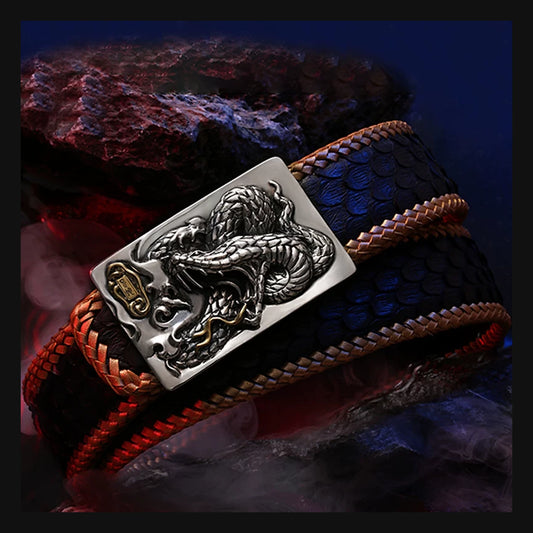 Zodiac Snake Silver Snake Leather Biker Belt product view