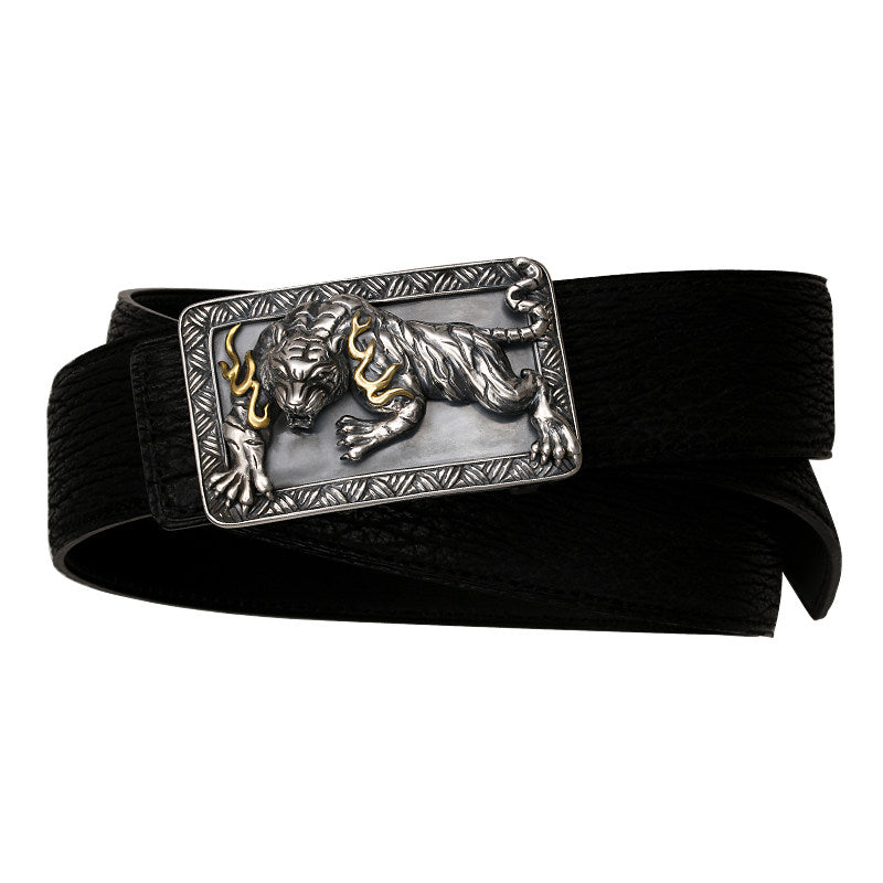 Zodiac Tiger Silver Shark Leather Biker Belt — product view