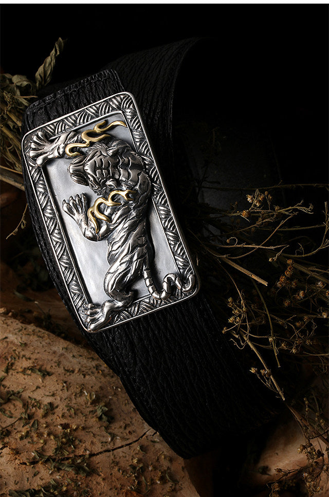 Zodiac Tiger Silver Shark Leather Biker Belt — detail view 3