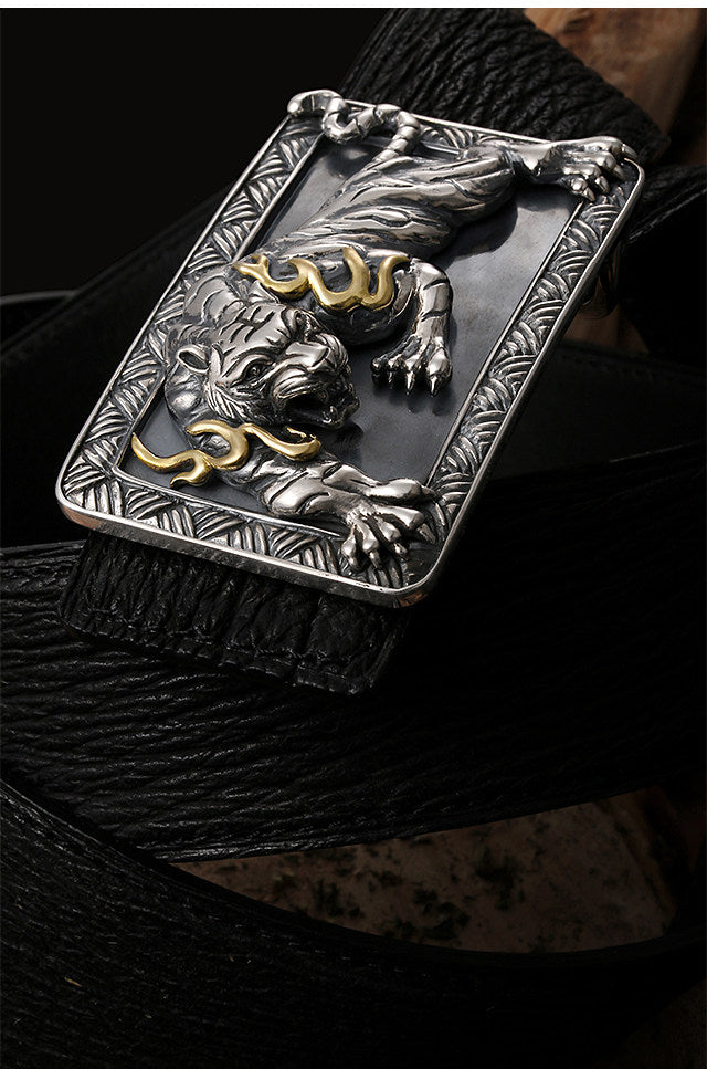 Zodiac Tiger Silver Shark Leather Biker Belt — detail view 4