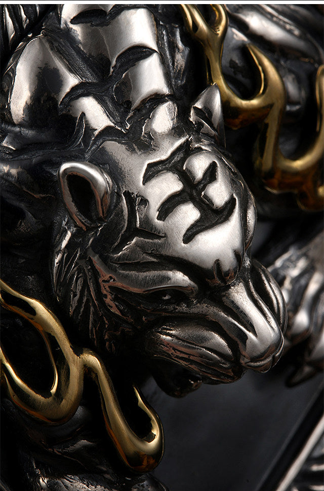 Zodiac Tiger Silver Shark Leather Biker Belt — detail view 9