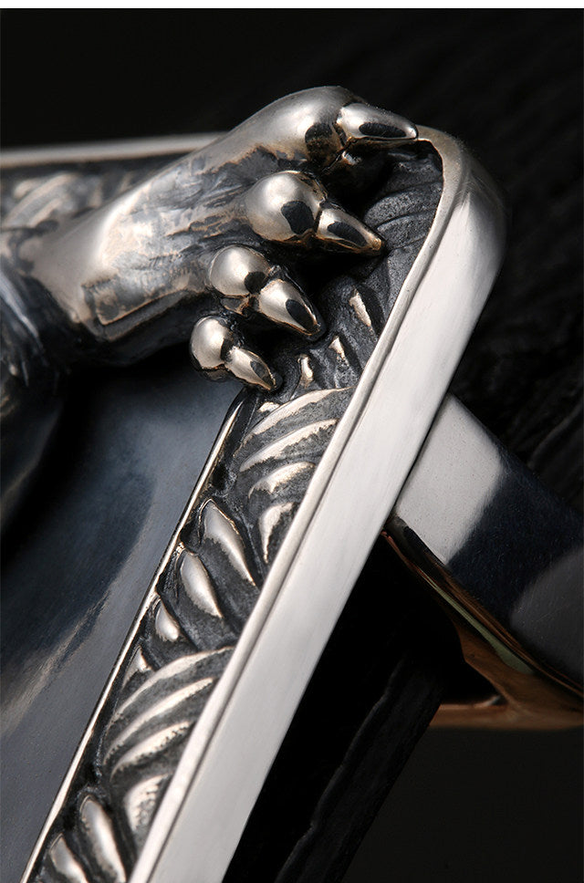 Zodiac Tiger Silver Shark Leather Biker Belt — detail view 12