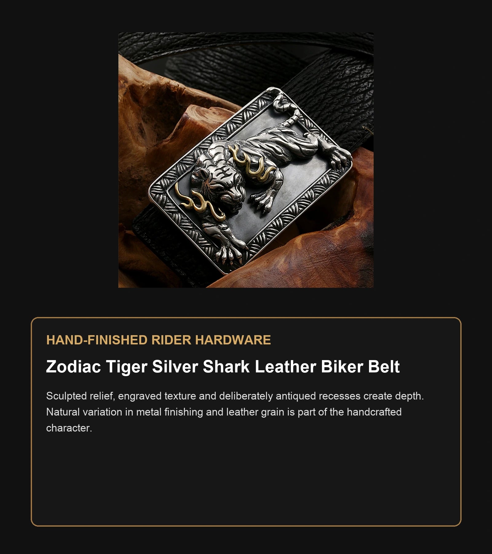 Zodiac Tiger Silver Shark Leather Biker Belt craftsmanship guide in English