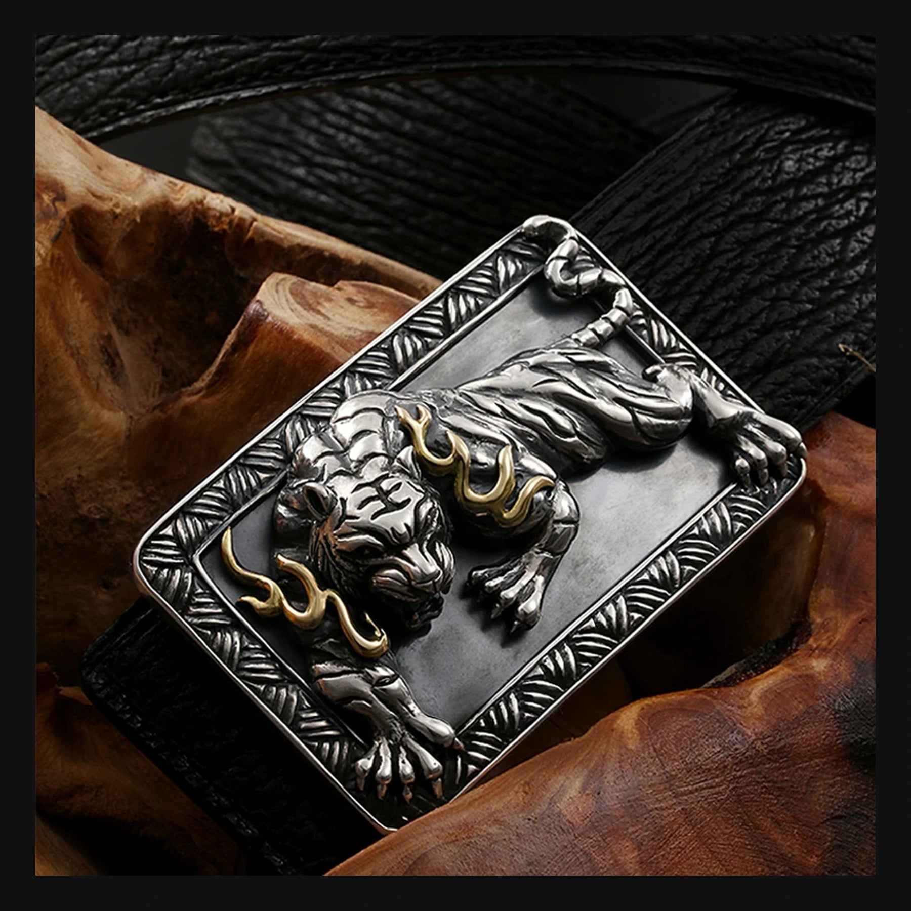 Zodiac Tiger Silver Shark Leather Biker Belt product view