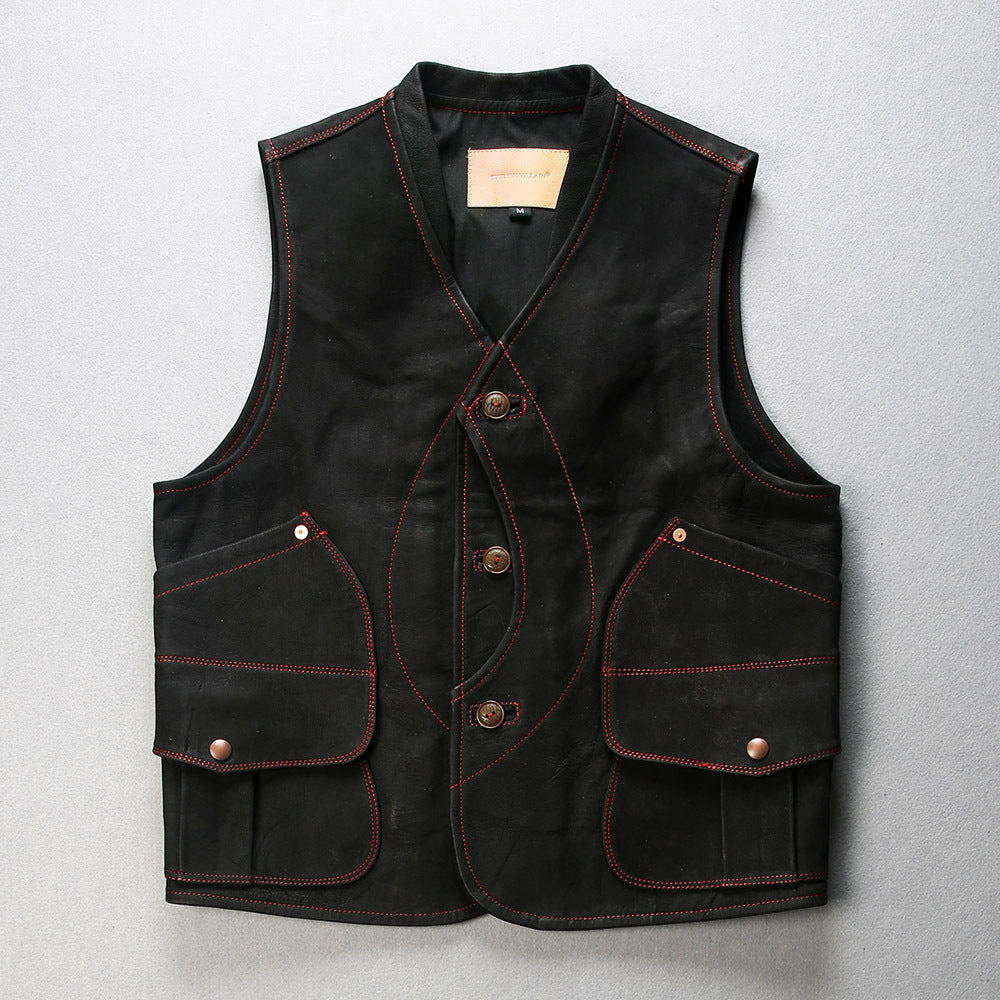 Mens Black Leather Motorcycle Vest - bikerclubshop