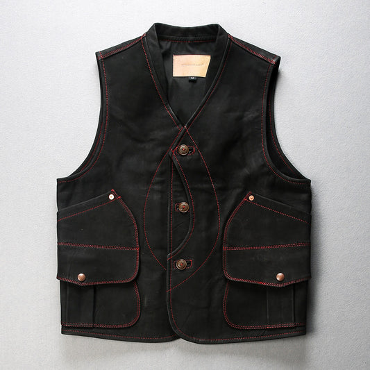 Mens Black Leather Motorcycle Vest - bikerclubshop