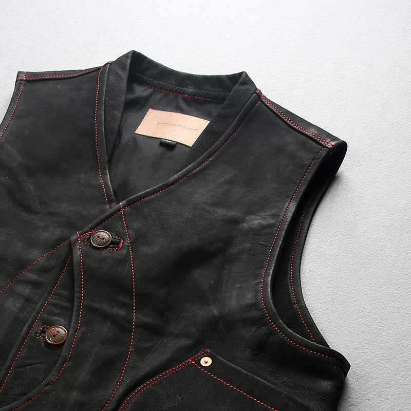 Mens Black Leather Motorcycle Vest - bikerclubshop