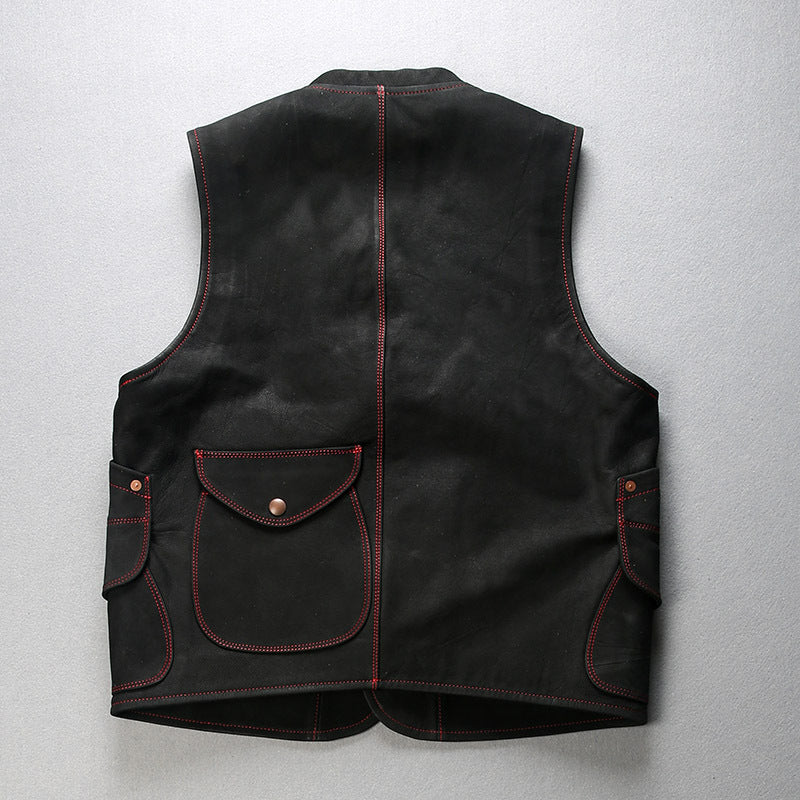 Mens Black Leather Motorcycle Vest - bikerclubshop